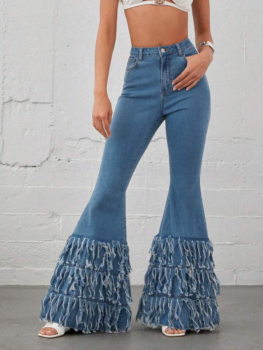 CM-BS078679 Women Casual Seoul Style High Waist Layered Fringe Hem Stretch Denim Flare Leg Jeans