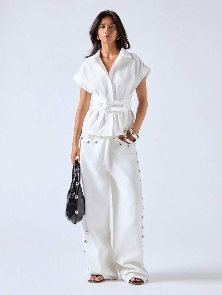 CM-TS242297 Women Casual Seoul Style Shirt Collar Batwing Sleeve Tailored Metal-Decorated Belted Shirt - White