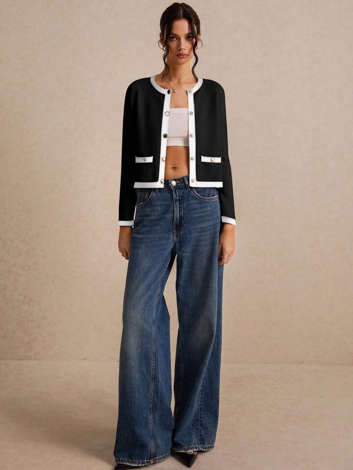 CM-CS834494 Women Casual Seoul Style Color Block Long Sleeve Trim Metal Button Front Knit Cardigan