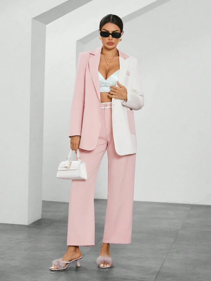 CM-SS662567 Women Elegant Seoul Style Color Block Double Button Long Sleeve Blazer With Long Pants Suit