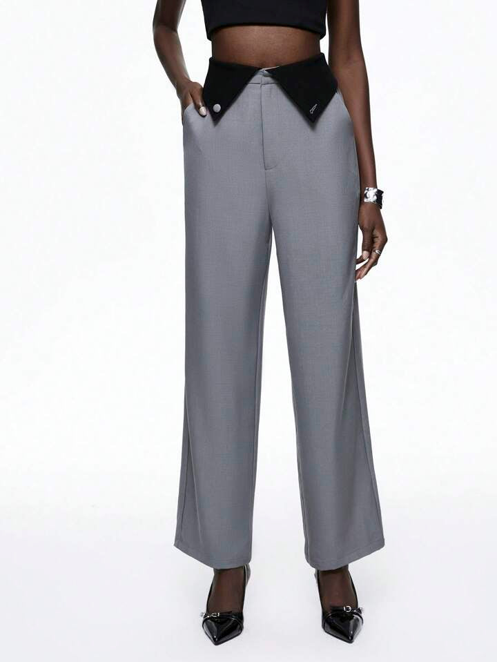 CM-BS093038 Women Elegant Seoul Style Fold-Over Asymmetrical Button High Waist Pants - Gray