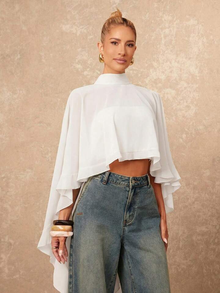 CM-TS820927 Women Casual Seoul Style Asymmetric Ruffle Hem Loose Collar Shawl Blouse - White
