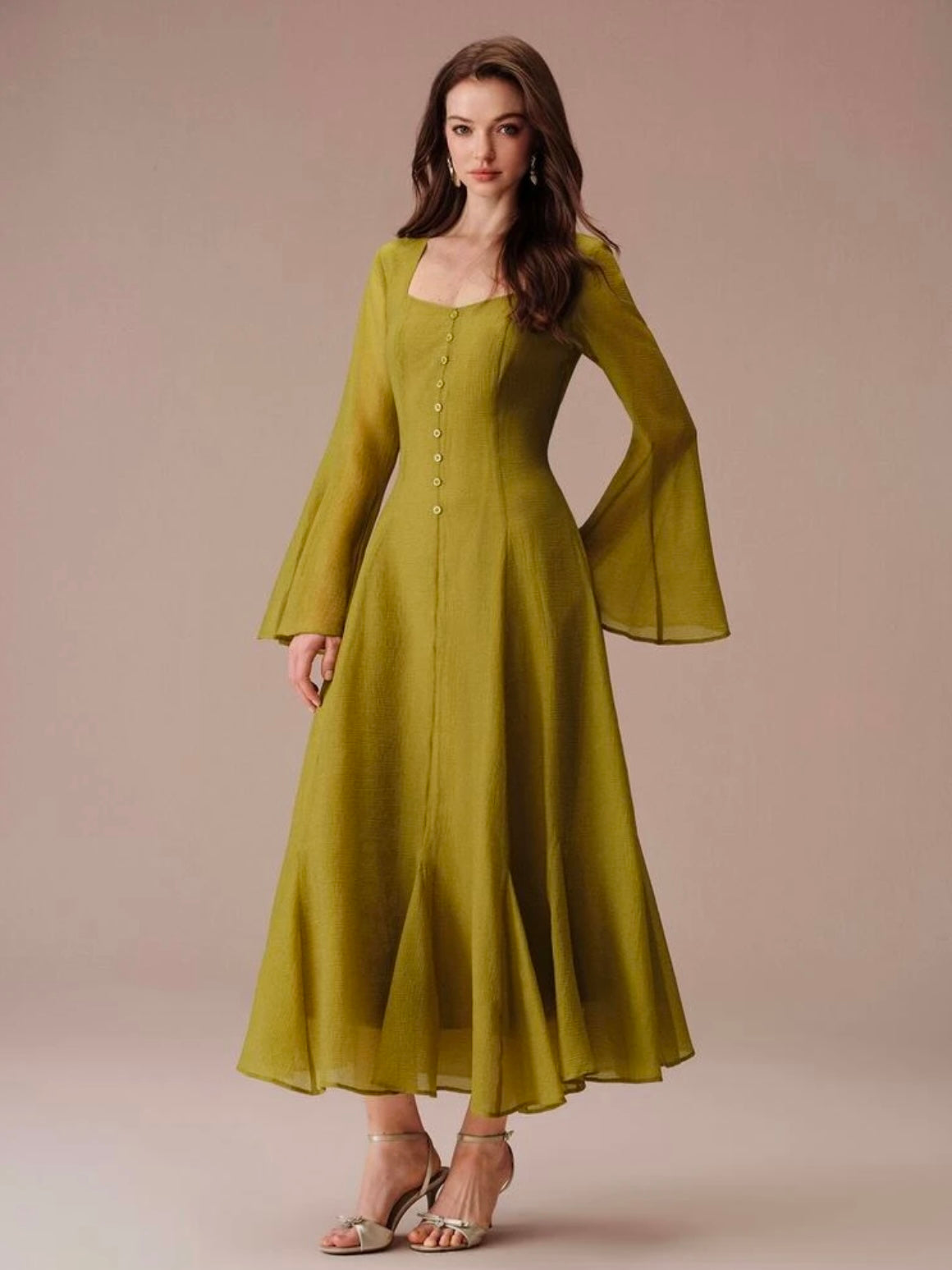 CM-DS291710 Women Elegant Seoul Style Pleated Waist-Cinching Front Button Flared A-Line Ruffle Hem Long Dress