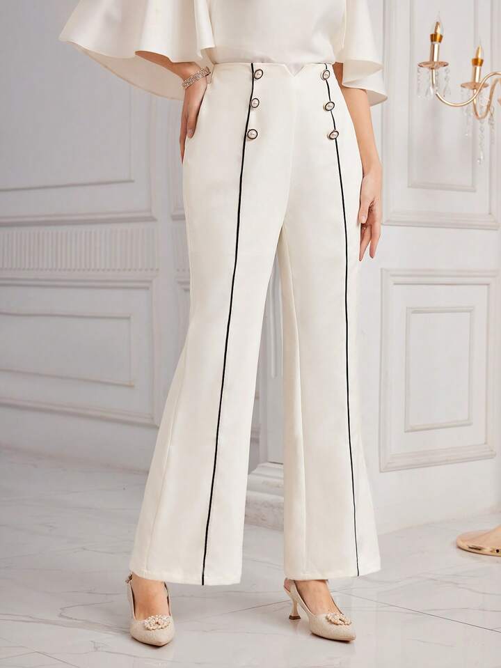 CM-BS666542 Women Elegant Seoul Style Double Breasted Contrast Color Rolled Hem Pants