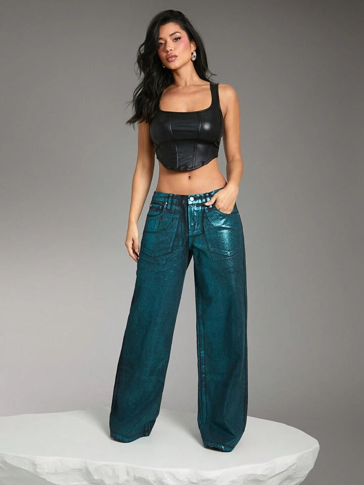 CM-BS043633 Women Casual Seoul Style Drop Waist Foil Low Rise Wide Leg Jeans - Green