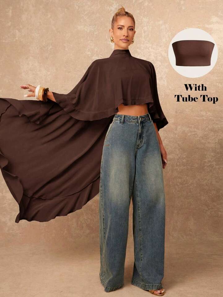 CM-TS104645 Women Casual Seoul Style Asymmetric Ruffle Hem Loose Collar Shawl Blouse - Brown