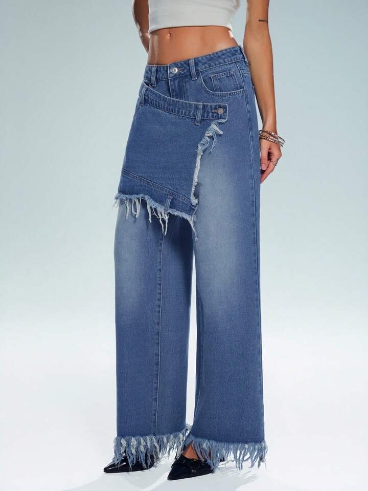 CM-BS899655 Women Casual Seoul Style Mid Waist Patchwork Frayed Hem Wide Leg Jeans - Blue