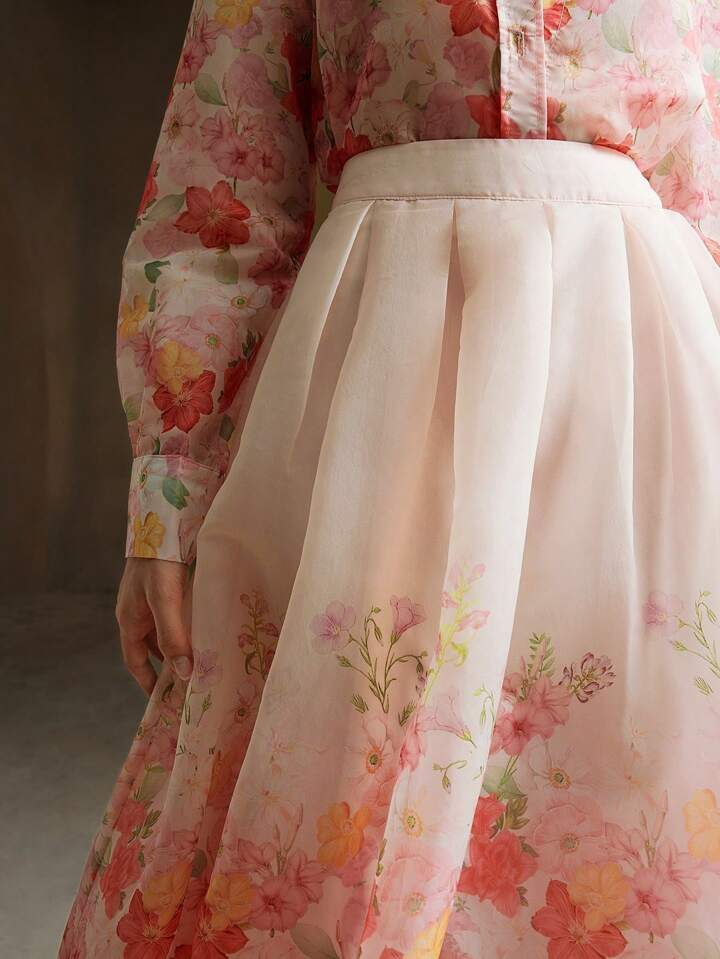 CM-BS663123 Women Elegant Seoul Style Floral All Over Print Midi Skirt