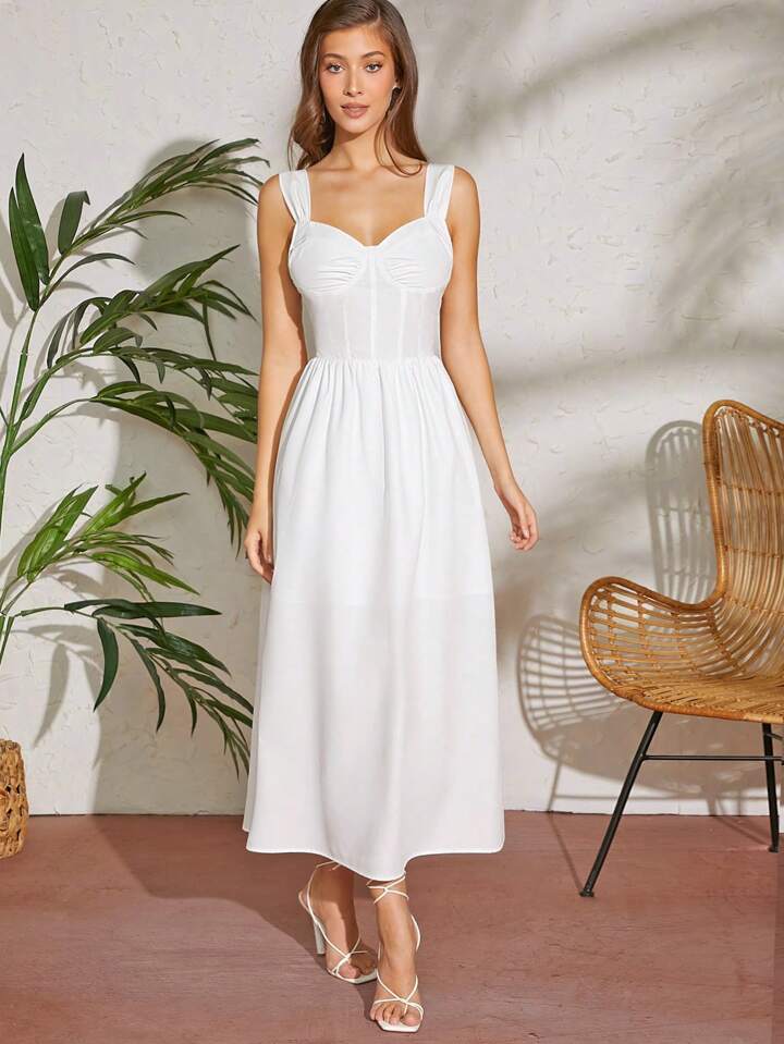 CM-DS618334 Women Casual Seoul Style Sleeveless Ruched Bustier Solid Maxi Dress - White