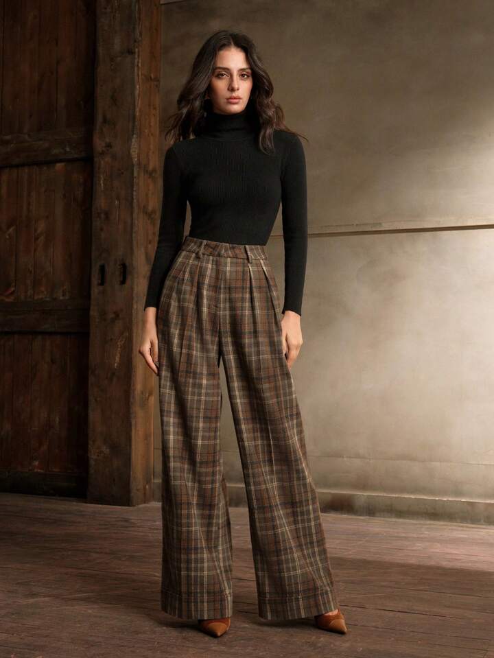CM-BS566898 Women Elegant Seoul Style Multicolor High Waisted Straight Leg Plaid Pants