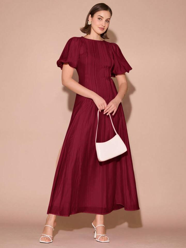 CM-DS101609 Women Elegant Seoul Style Round Neck Bubble Pleat Puff Long Sleeve Maxi Dress - Burgundy