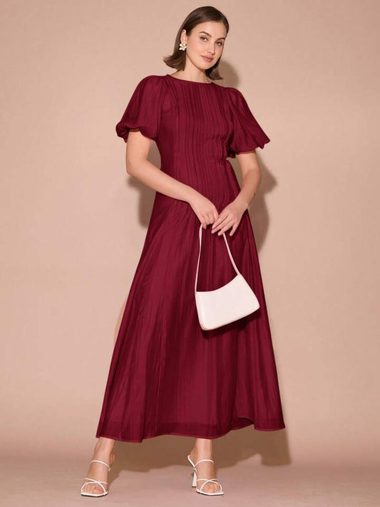CM-DS101609 Women Elegant Seoul Style Round Neck Bubble Pleat Puff Long Sleeve Maxi Dress - Burgundy