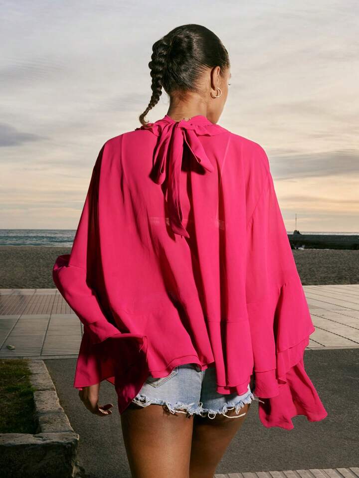 CM-TS583554 Women Trendy Bohemian Style Stand Collar Loose Fit Ruffle Trim Long Sleeve Shirt - Hot Pink