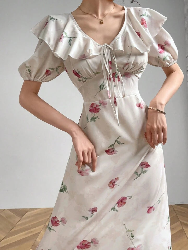 CM-DS767606 Women Casual Seoul Style V-Neck Puff Sleeve Ruffle Hem Floral Print Dress