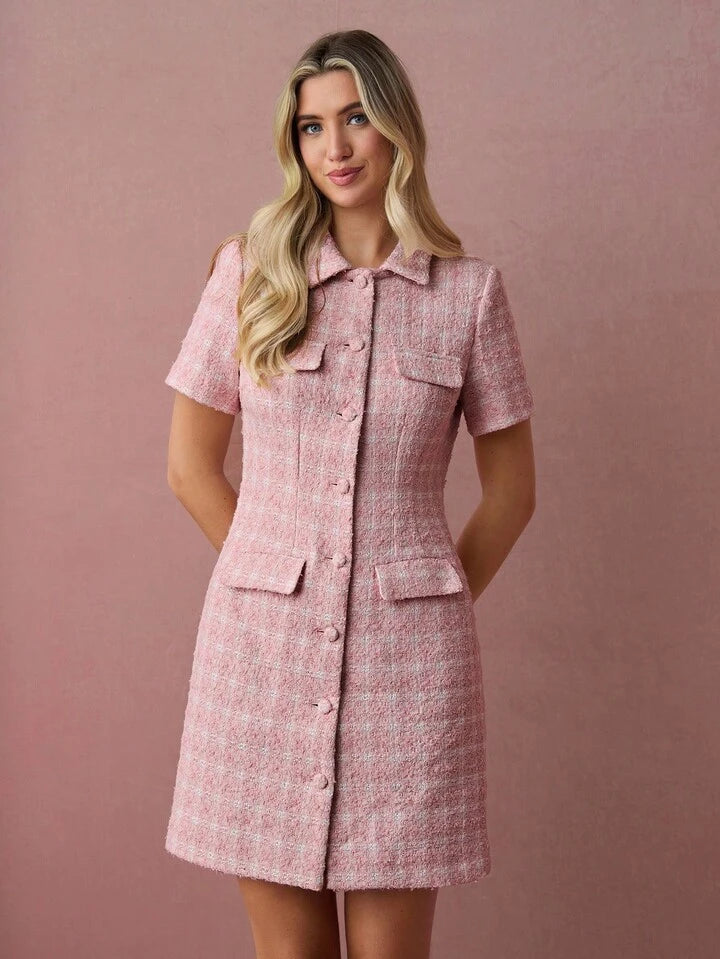 CM-DS211203 Women Elegant Seoul Style Tweed Button Front Collar Neckline Short Sleeves Mini Dress - Pink