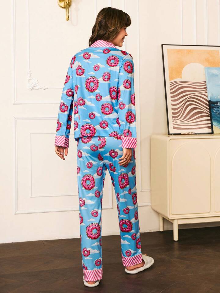 CM-LS010075 Women Trendy Seoul Style Donut And Cloud Print Patchwork Stripe Pajama Set