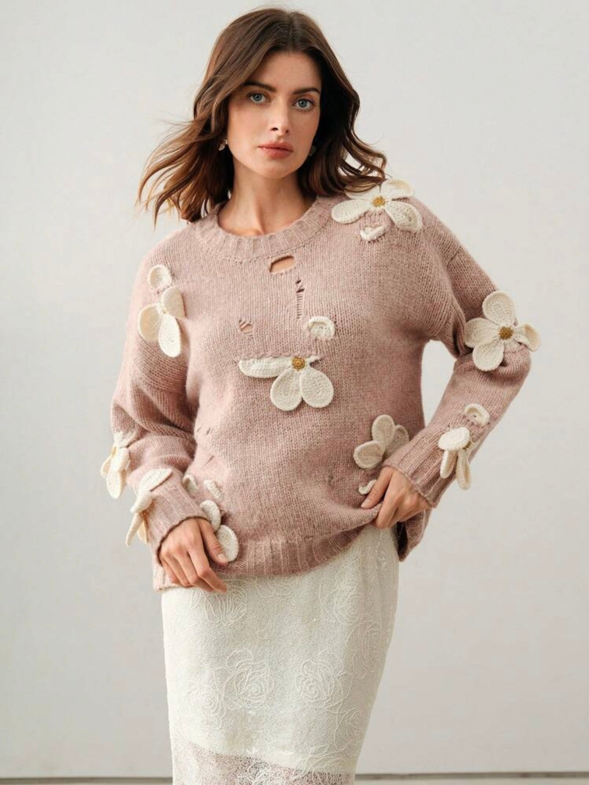 CM-CS023355 Women Casual Seoul Style Round Neck Crochet 3D Floral Long Sleeve Knitted Sweater