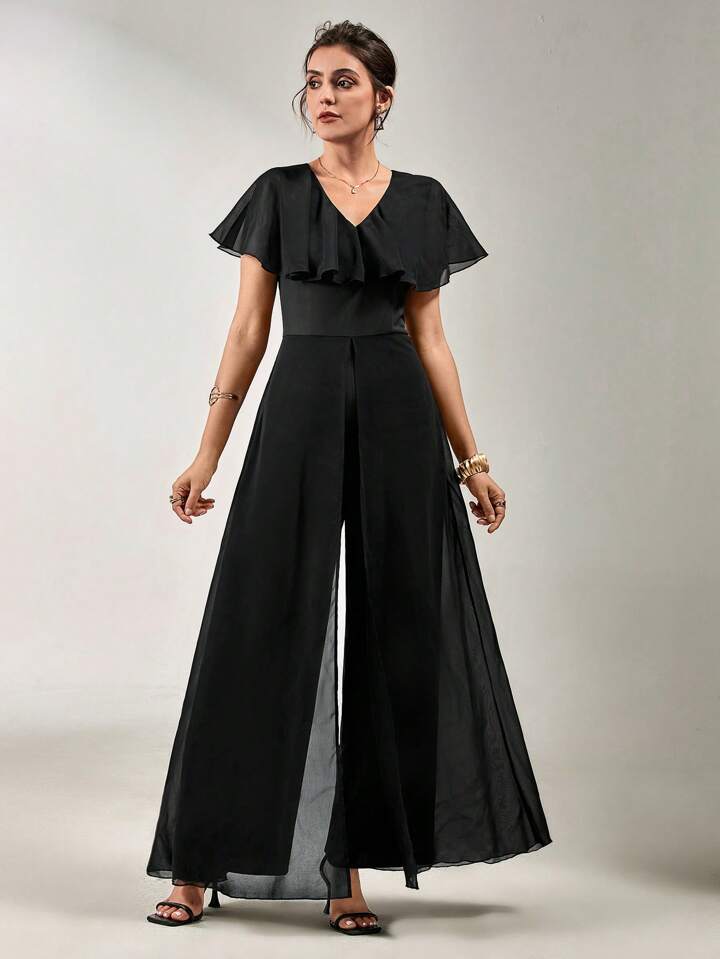 CM-JS857936 Women Elegant Seoul Style V-Neck Flounce Sleeve Ruffled Chiffon Jumpsuit - Black