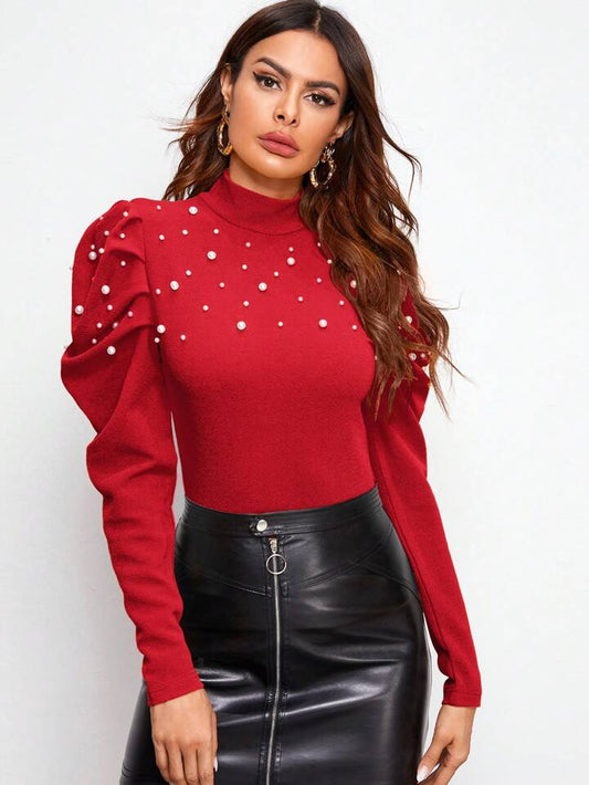 CM-TS829069 Women Casual Seoul Style Mock-Neck Pearl Beaded Leg-of-Mutton Sleeve Top - Red
