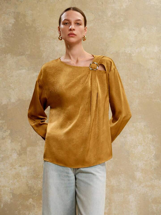 CM-TS820543 Women Elegant Seoul Style Pleated Textured Satin Oblique Shoulder Straps Pleated Metal Decor Shirts