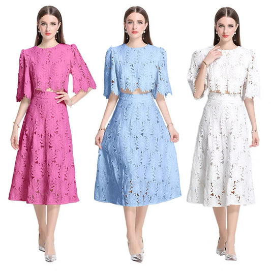 CM-SY041083 Women Elegant European Style Embroidered Round Neck Half Sleeve Blouse With High Waist Skirt - Set (Available in 3 colors)