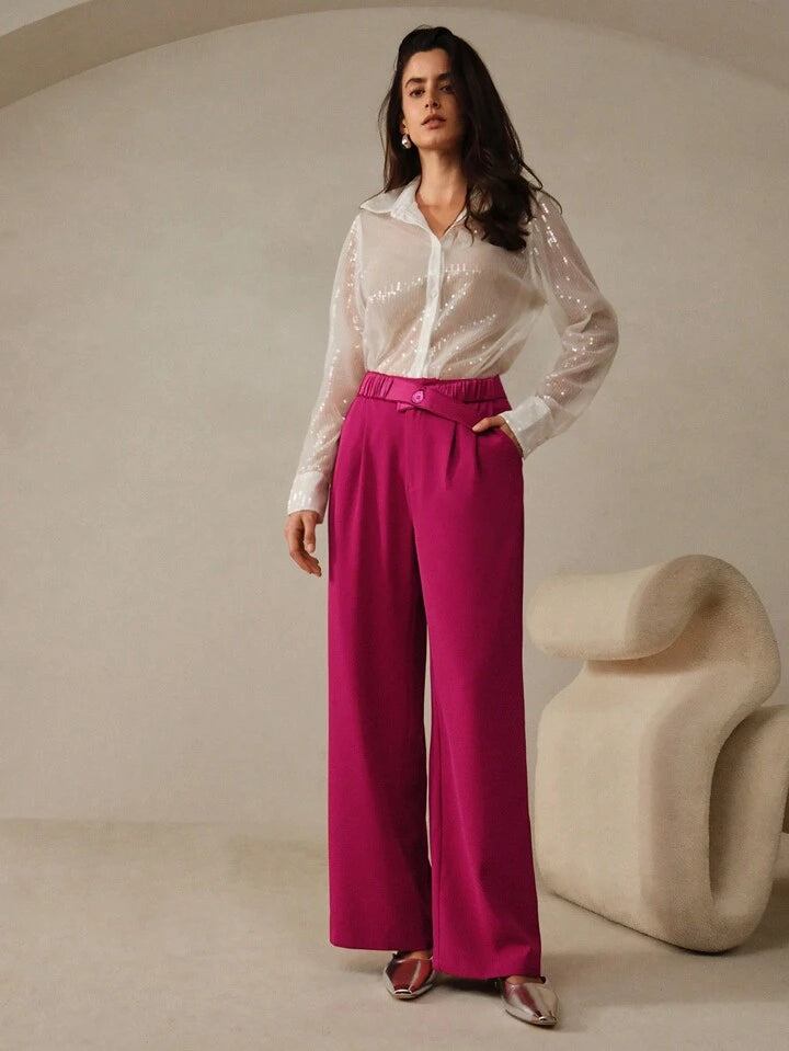 CM-BS900319 Women Elegant Seoul Style Elastic Waist Pleated Straight Leg Trousers - Hot Pink