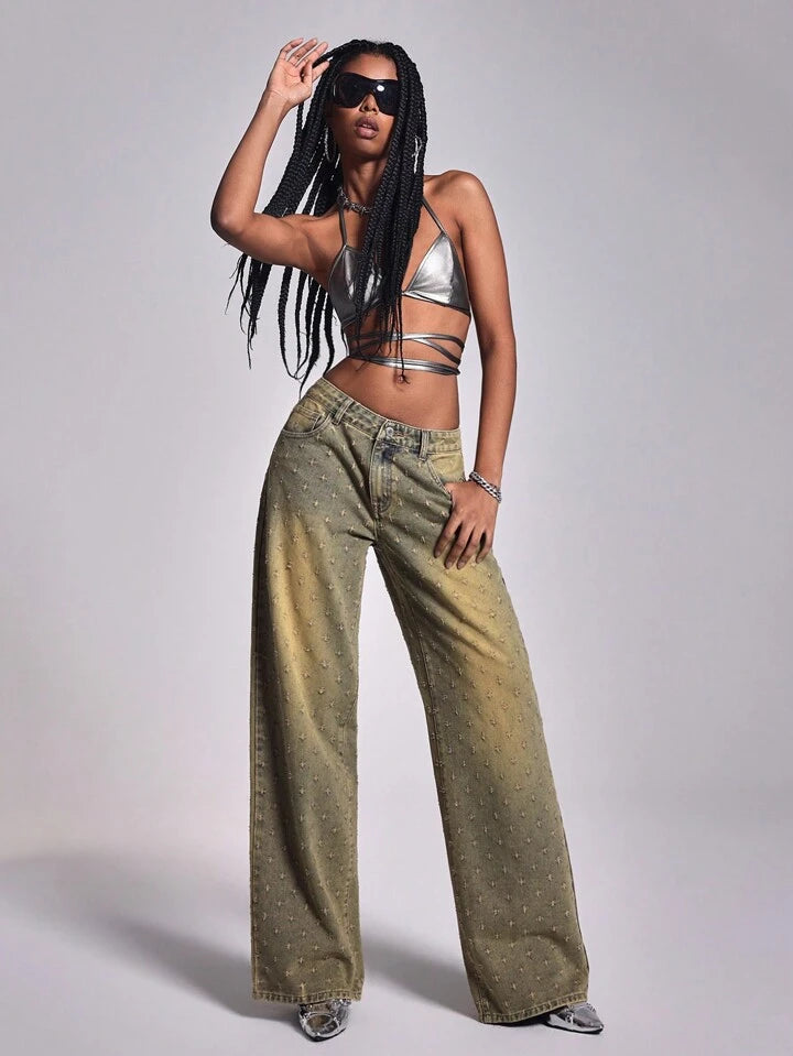 CM-BS020066 Women Casual Seoul Style Dark Wash Ultra Low Waist Straight-Leg Denim Jeans