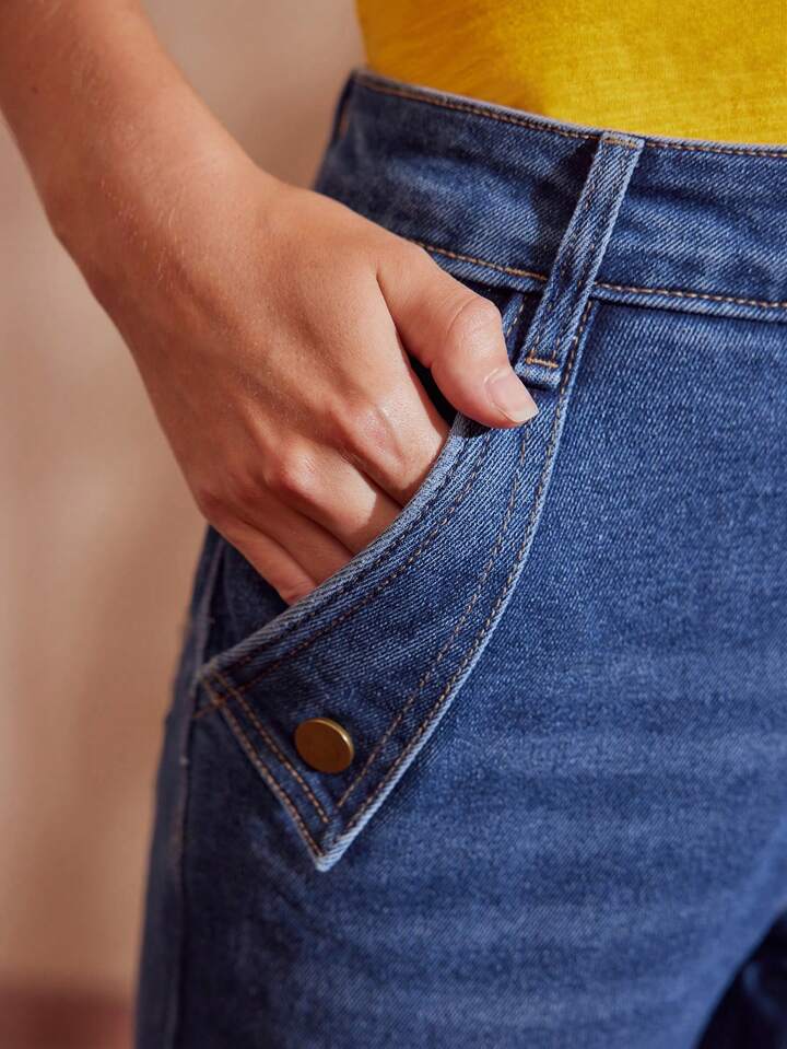 CM-BS863491 Women Casual Seoul Style Foldover Slant Pocket Flafre Leg Jeans - Blue