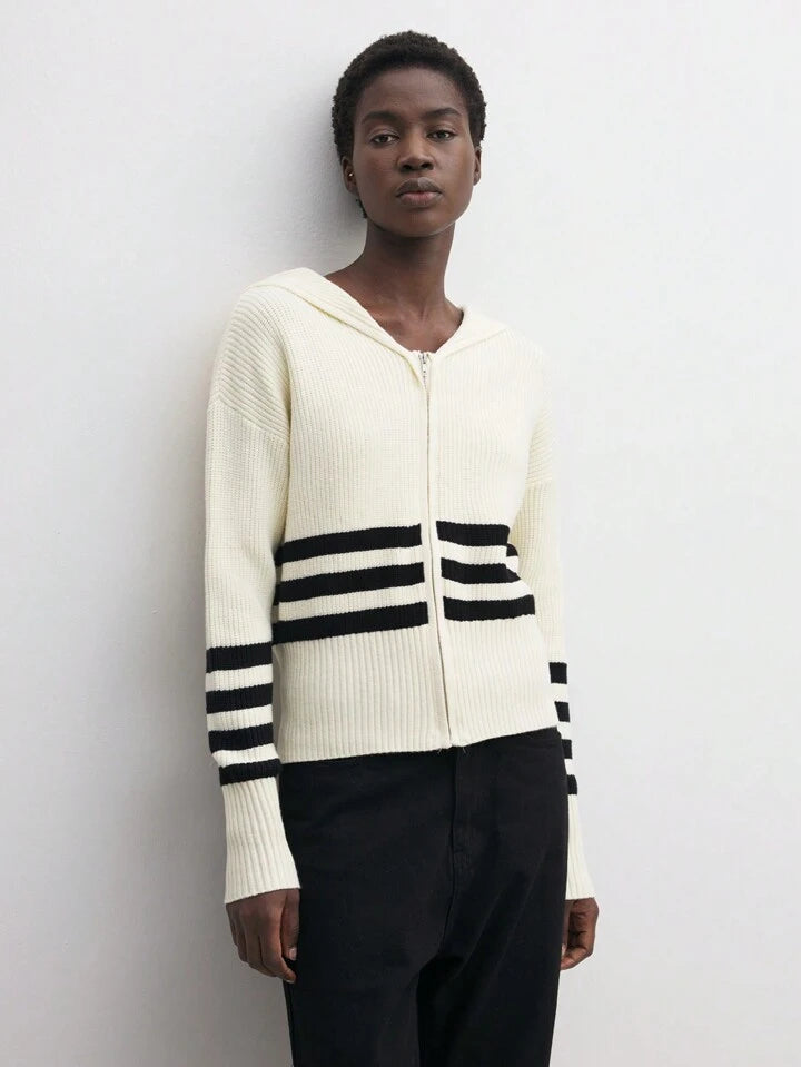 CM-CS055074 Women Casual Seoul Style Sailor Collar Long Sleeve Striped Knit Sweater