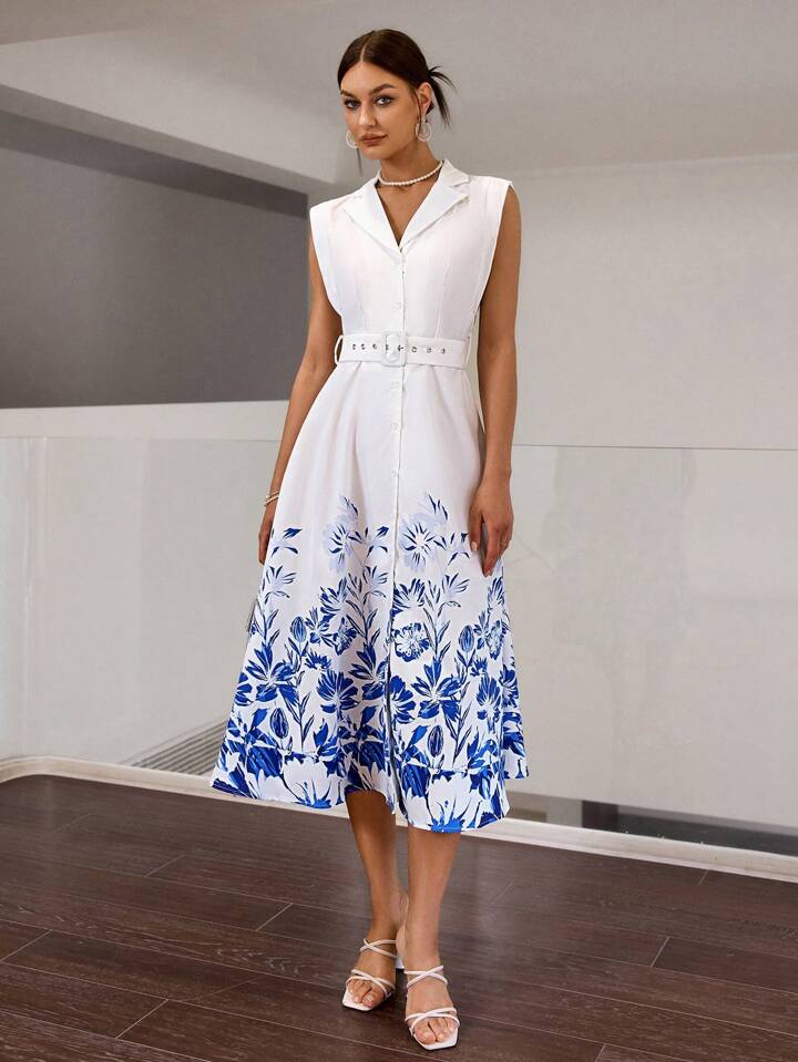 CM-DS824295 Women Elegant Seoul Style Floral Printed Front Button Sleeveless Dress - White