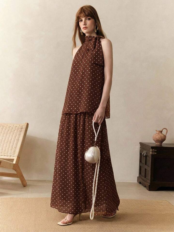 CM-SS926927 Women Trendy Bohemian Style Chiffon Polka Dot Print Sleeveless Halter Neck Top With Skirt - Set