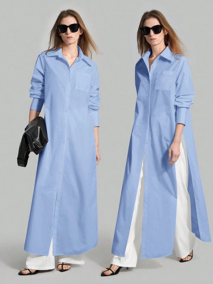 CM-TS815753 Women Casual Seoul Style Shirt Collar Long Sleeve Front Button High Slit Long Shirt - Blue