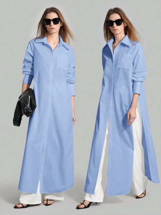 CM-TS815753 Women Casual Seoul Style Shirt Collar Long Sleeve Front Button High Slit Long Shirt - Blue