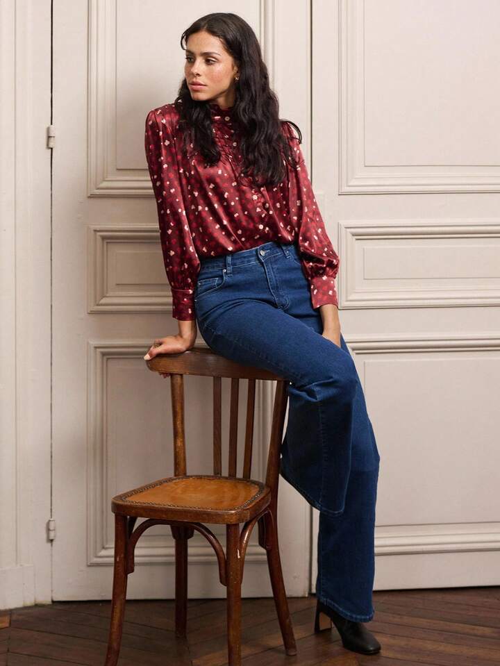 CM-TS271471 Women Elegant Seoul Style Satin Dot-Print Pintuck Ruffle Neckline Long Sleeve Blouse