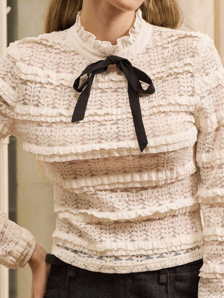 CM-TS275196 Women Elegant Seoul Style Stand Collar Long Sleeve Contrast Black Tie Ruffled Lace Top - Beige