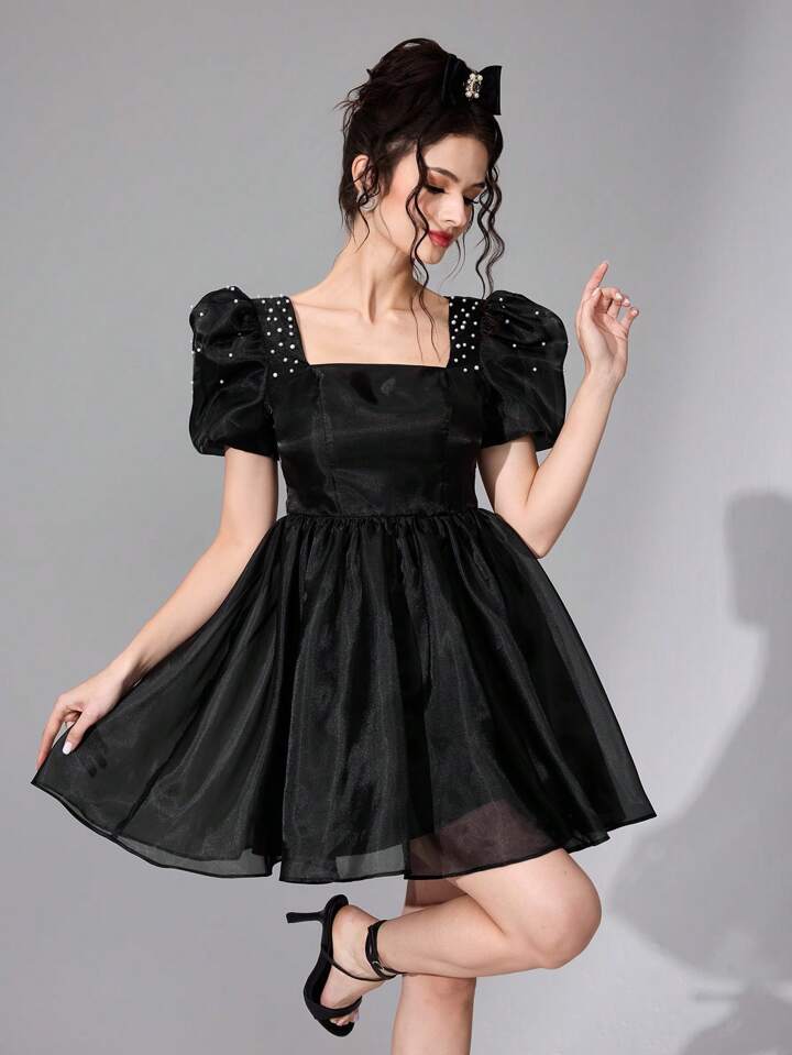 CM-DS577797 Women Elegant Seoul Style Square Neck Puff Sleeve High Waist Short Dress - Black