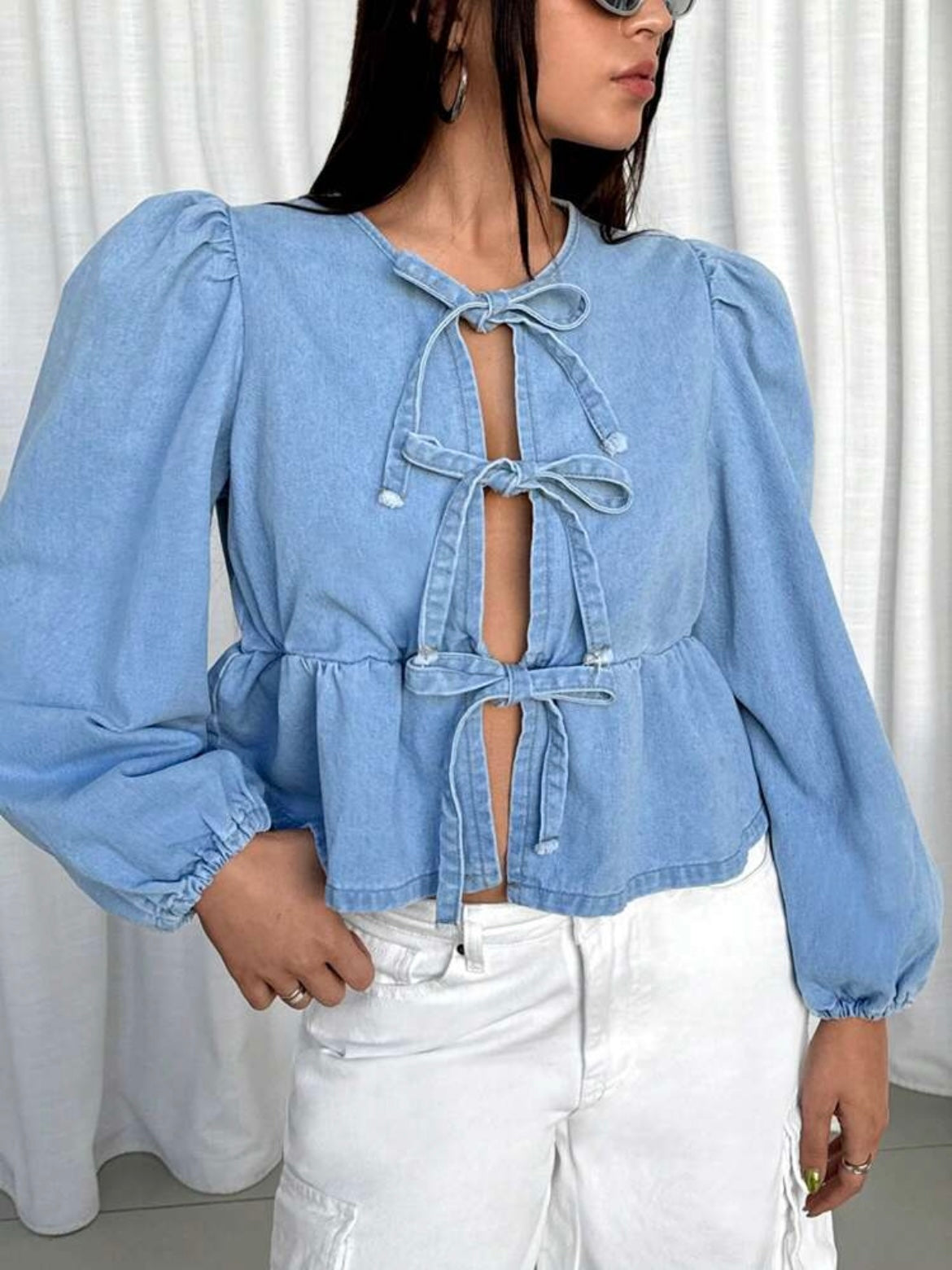 CM-TS323902 Women Casual Seoul Style Front Tie Ruffle Detail Long Sleeve Denim Blouse