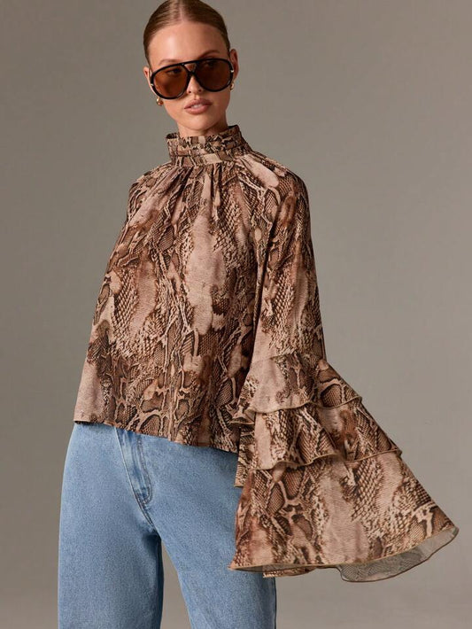 CM-TS424122 Women Elegant Seoul Style High Neck Print Extra Long Bell Sleeve Ruffle Layer Chiffon Blouse