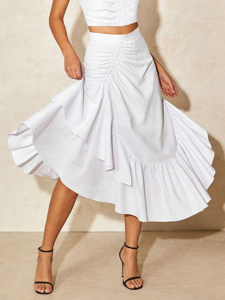 CM-BS047381 Women Elegant Seoul Style Solid Color Asymmetrical Ruffle Hem Midi Skirt - White