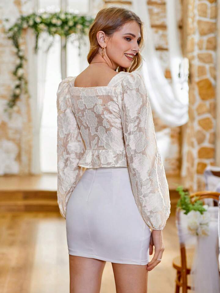 CM-TS369159 Women Casual Seoul Style Ruffle Trim Jacquard Lantern Sleeve Shirt - Apricot