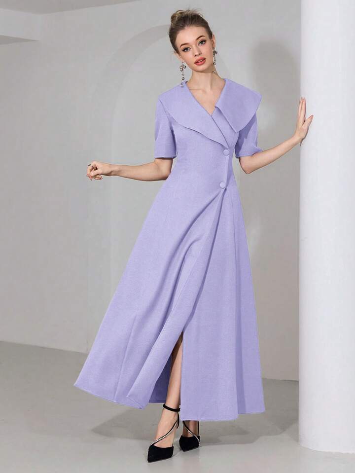 CM-DS792589 Women Elegant Seoul Style Solid Color V-Neck Short Sleeve Front Button Long Dress - Purple