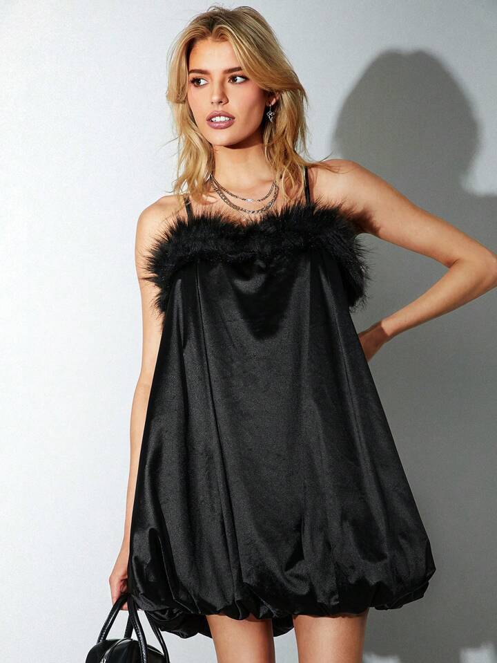 CM-DS711040 Women Elegant Seoul Style Fluffy Spaghetti Strap Loose Bubble Mini Dress - Black