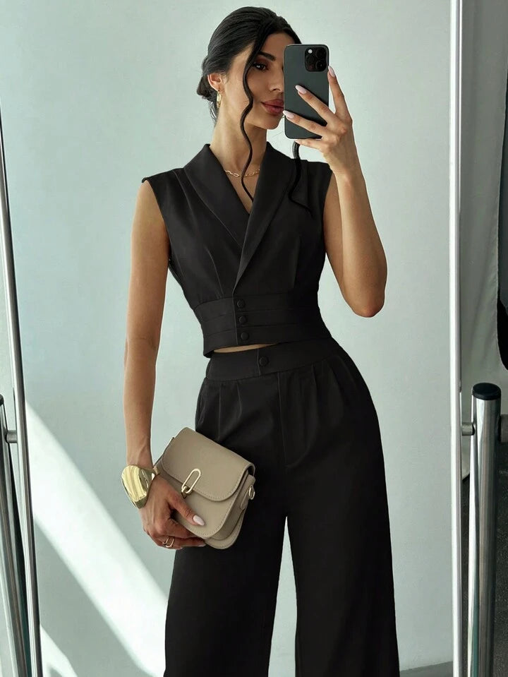 CM-SS663630 Women Elegant Seoul Style Collared Fitted Cap Sleeve Shirt With Straight-Leg Pants Suit - Black