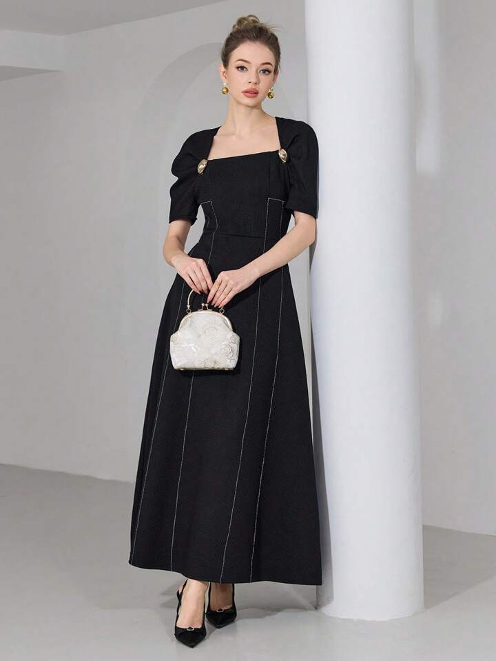 CM-DS920740 Women Casual Seoul Style Square Neck Puff Sleeve High Waist Long Dress - Black