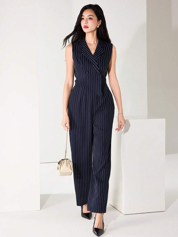 CM-JS761837 Women Elegant Seoul Style Blazer Collar Sleeveless Striped Jumpsuit - Navy Blue