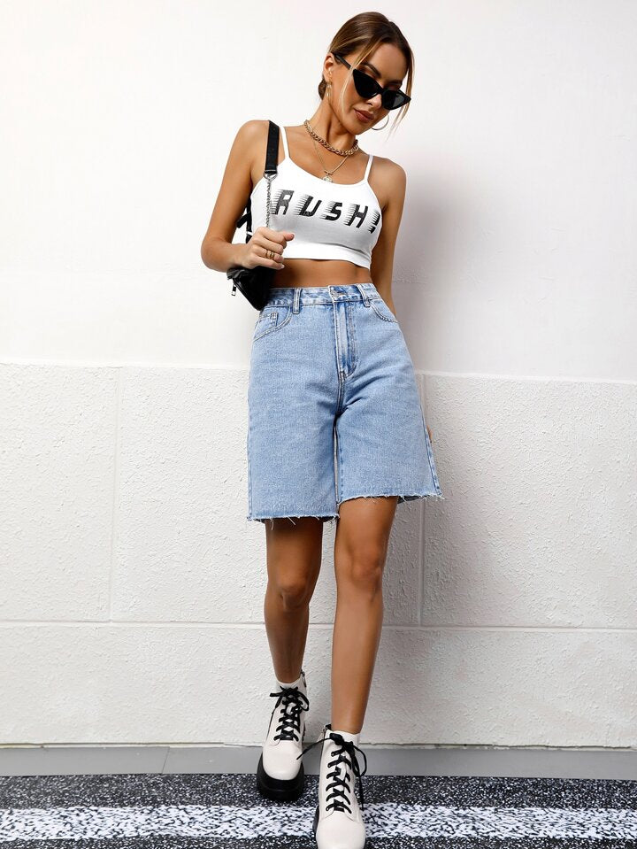 CM-BS499196 Women Casual Seoul Style Light Wash Solid Color Pocket Frayed Hem Bermuda Denim Shorts