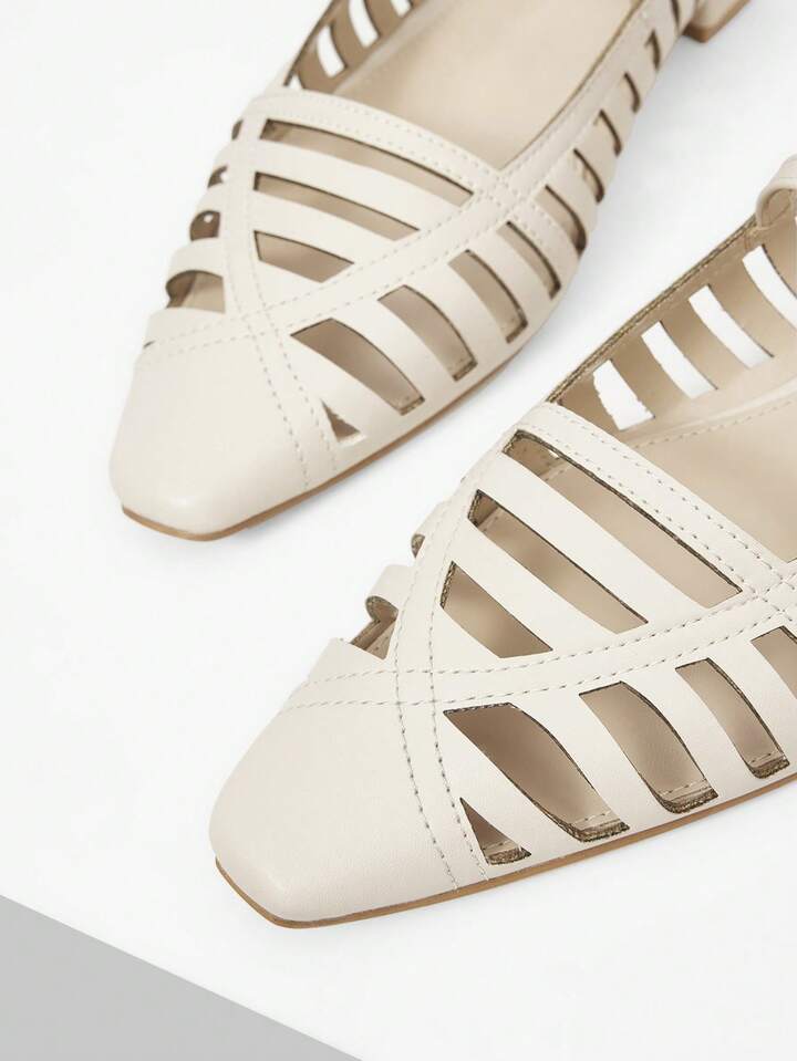 CM-SHS954548 Women Trendy Seoul Style Minimalist Hollow Pointed Toe Flats - Beige