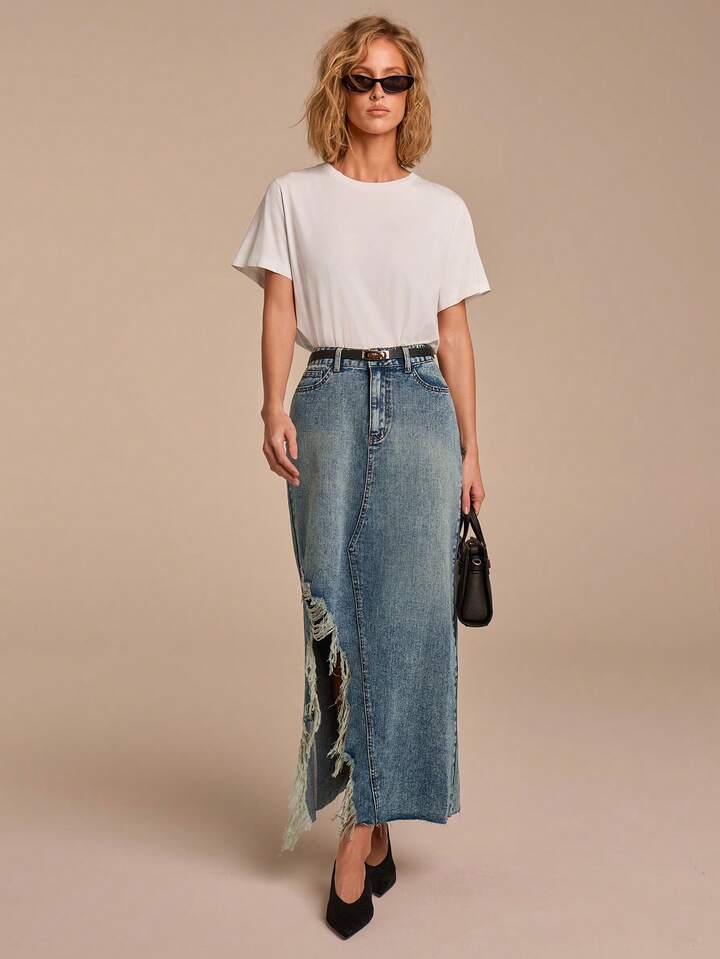 CM-BS347174 Women Casual Seoul Style Medium Wash High Waist Asymmetrical Hem Frayed Long Denim Skirt