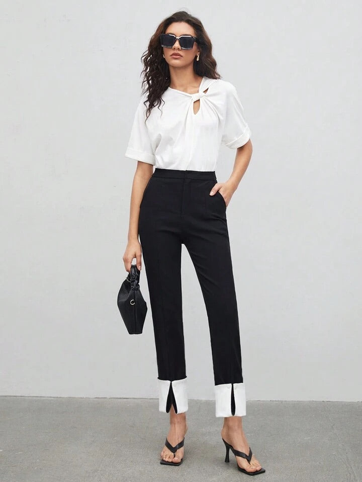 CM-BS251328 Women Elegant Seoul Style Slanted Pocket Split Hem Pants - Black