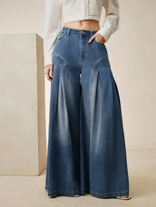 CM-BS575502 Women Casual Seoul Style High-Waisted Crease Split Lines Wide-Leg Jeans - Blue